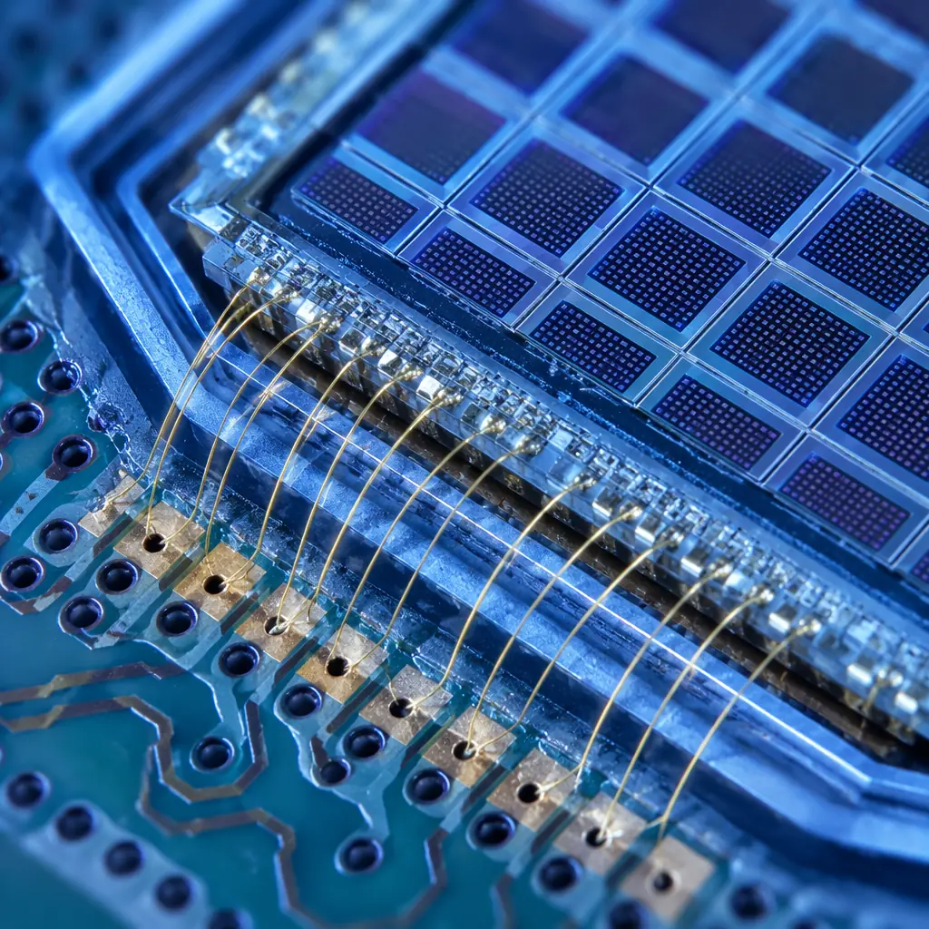 LiDAR receiver PCB with photodiode array and high-density interconnect under microscope inspection
