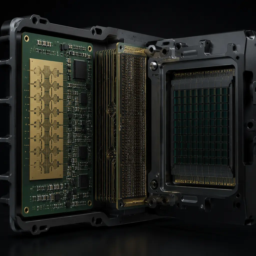 Automotive radar PCB with 77 GHz antenna array and high-frequency substrate under inspection
