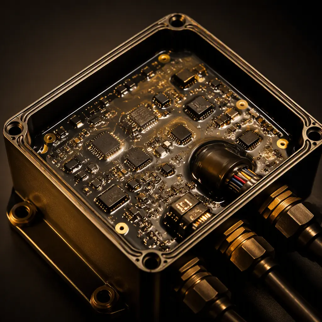 Rugged industrial control PCB with conformal coating and potted connector, mounted in a sealed junction box ready for a field equipment application
