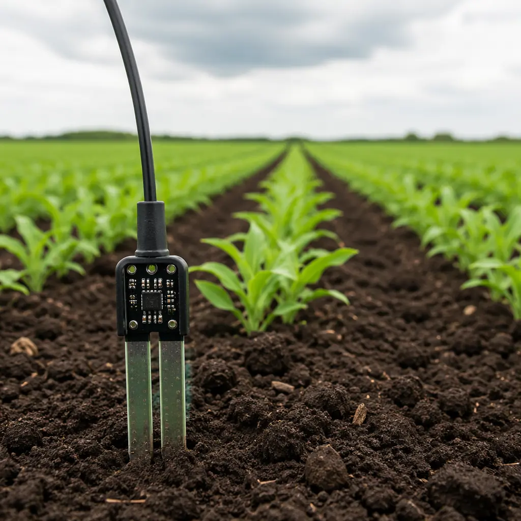 Soil moisture sensor PCB installed in agricultural field with crops in background