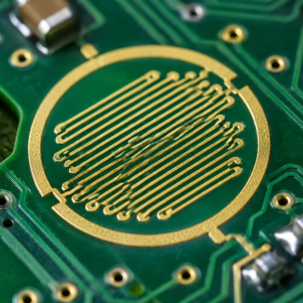 Close-up macro photo of PCB with capacitive soil moisture sensing electrodes and guard ring