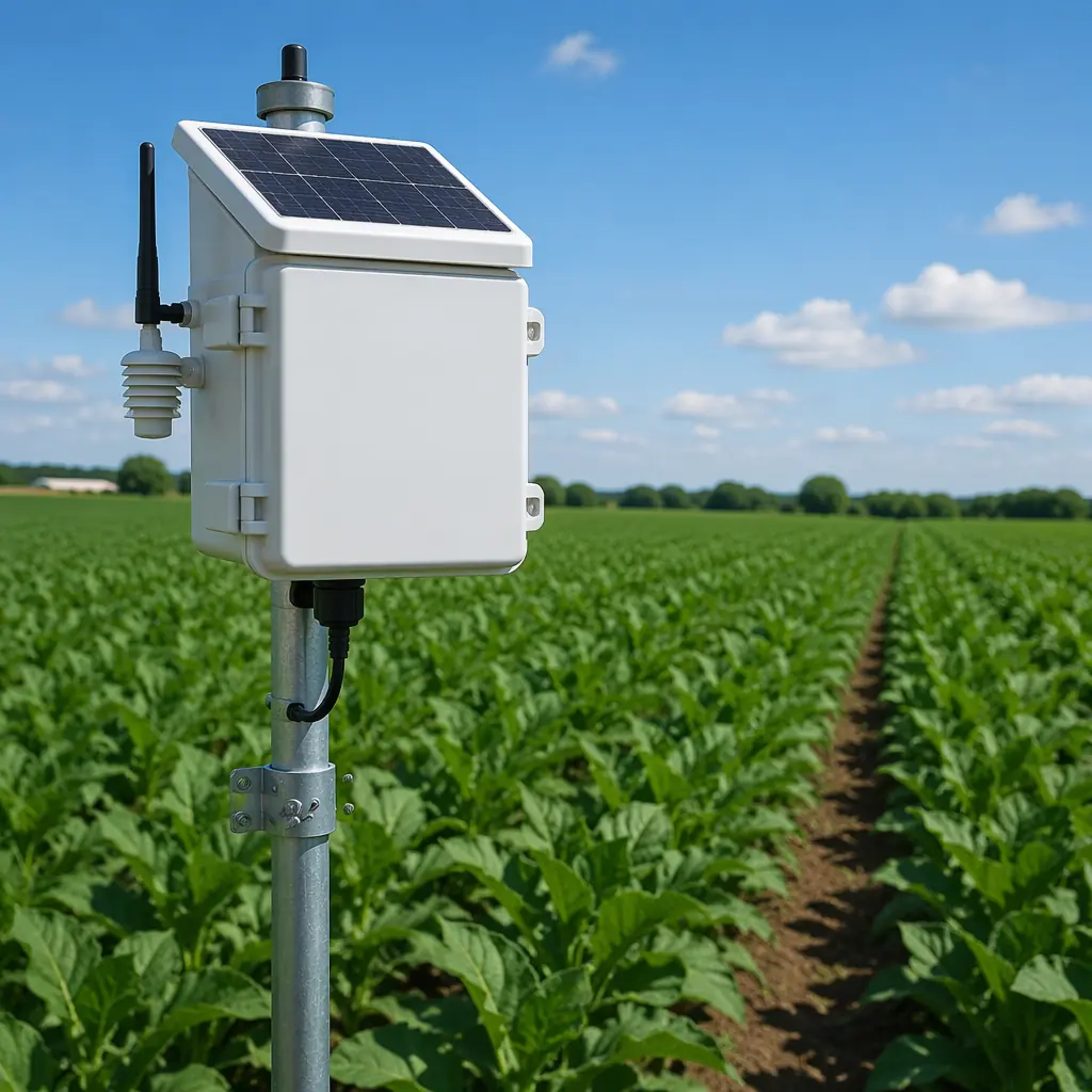 IoT agriculture sensor node PCB with solar panel and weatherproof enclosure in field