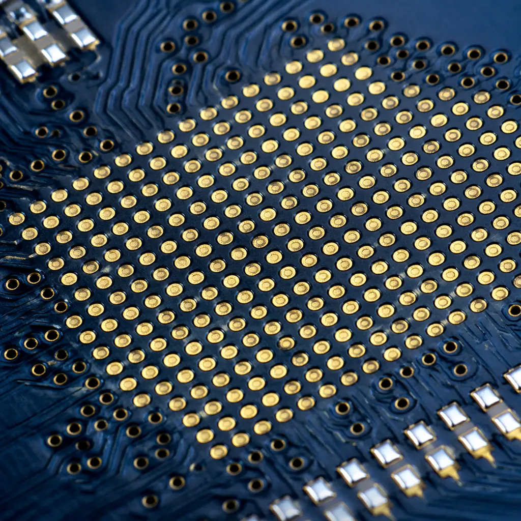 HDI PCB section showing laser-drilled microvias and fine-pitch BGA fanout for AI accelerator board