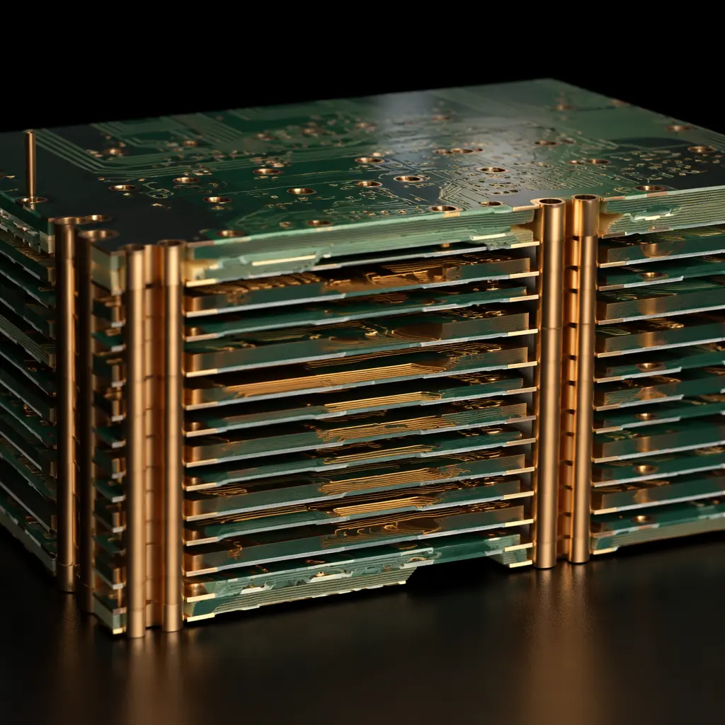 Cross-section of 16-layer AI accelerator PCB showing high-speed differential pairs and power planes