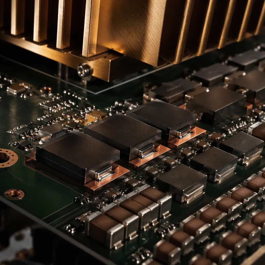 High-current power delivery section of AI accelerator PCB with voltage regulator modules and decoupling capacitors