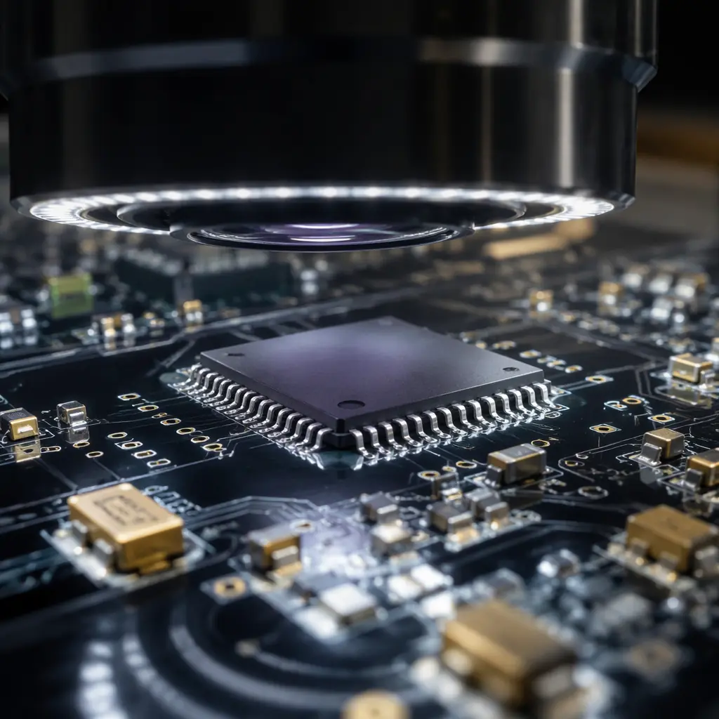 Automated optical inspection machine scanning a populated PCB with multi-angle camera array in electronics factory