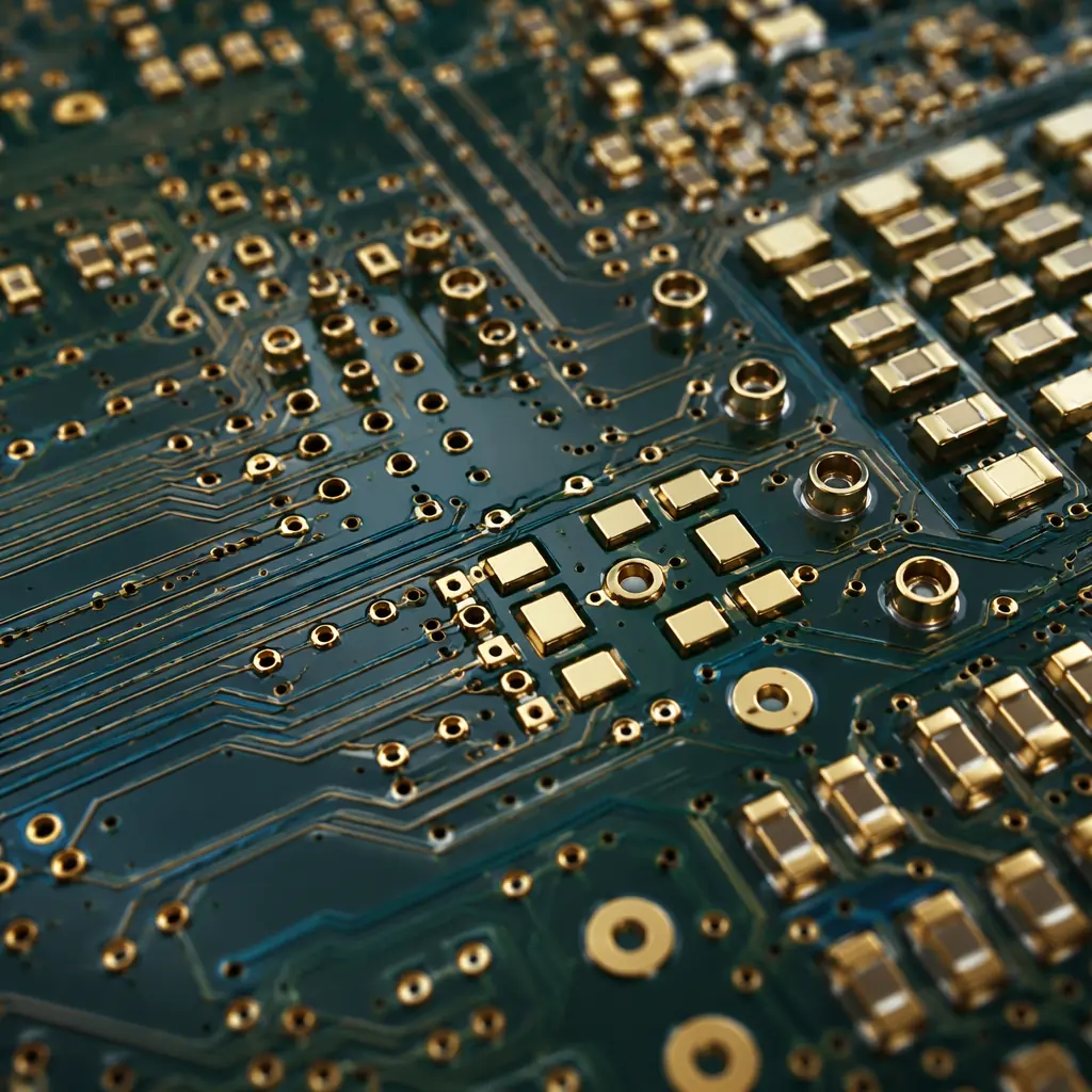 Close-up macro of high-density ATE load board PCB with gold contact pads and microvia interconnect structure