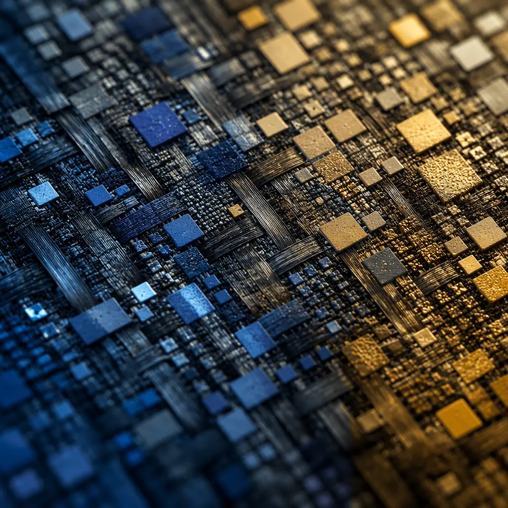 Abstract macro texture of high-temperature PCB substrate showing carbon fiber and ceramic weave pattern with subtle blue-gold gradient