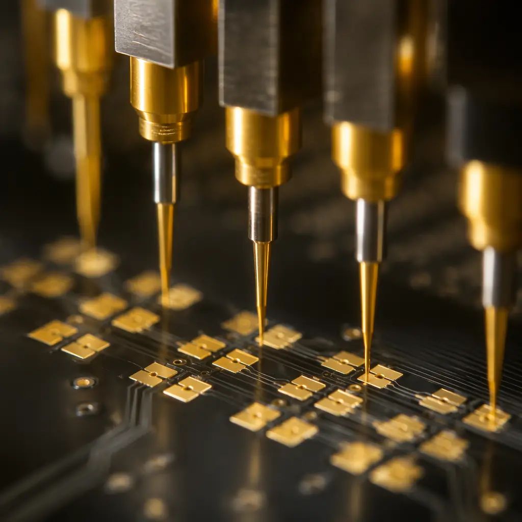 Macro photography of probe card needle tips making precise contact with gold PCB pads on dark substrate surface
