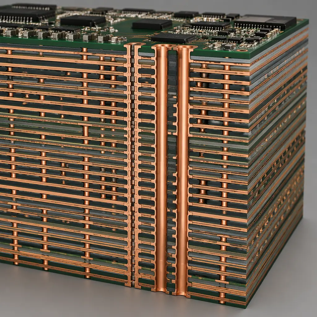 3D cross-section render of 40-layer PCB stackup showing stacked microvias, buried vias, and copper plane distribution