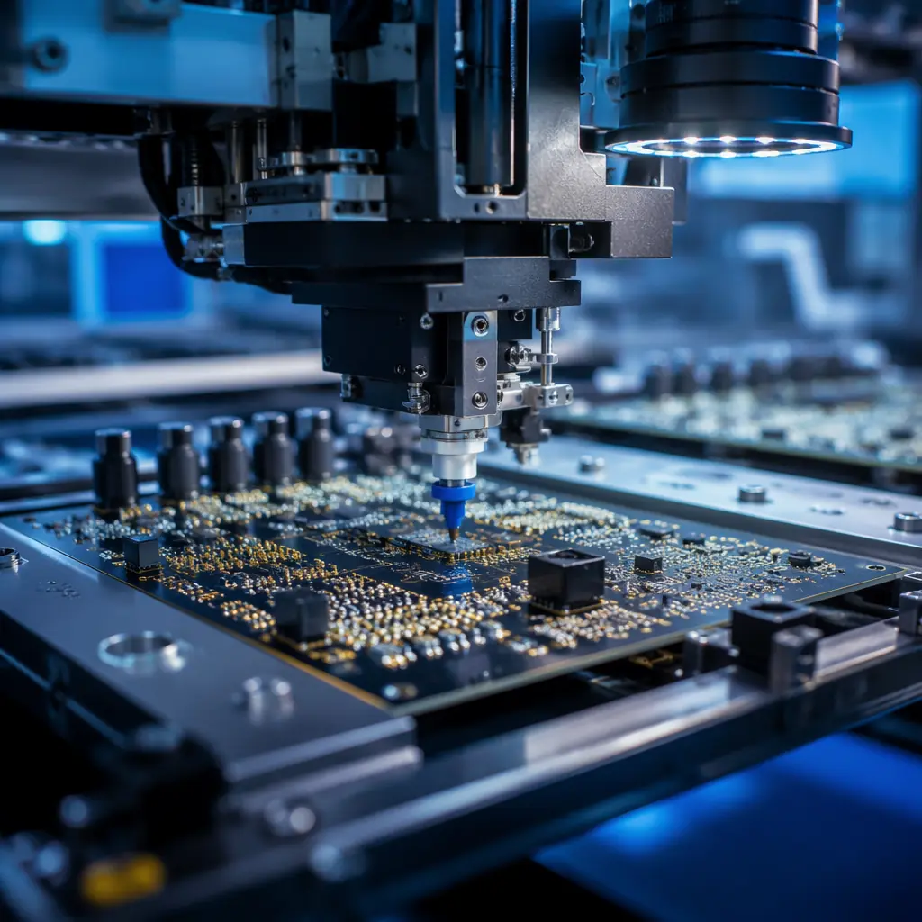 Audio PCB being assembled on SMT line with precision component placement for analog signal path