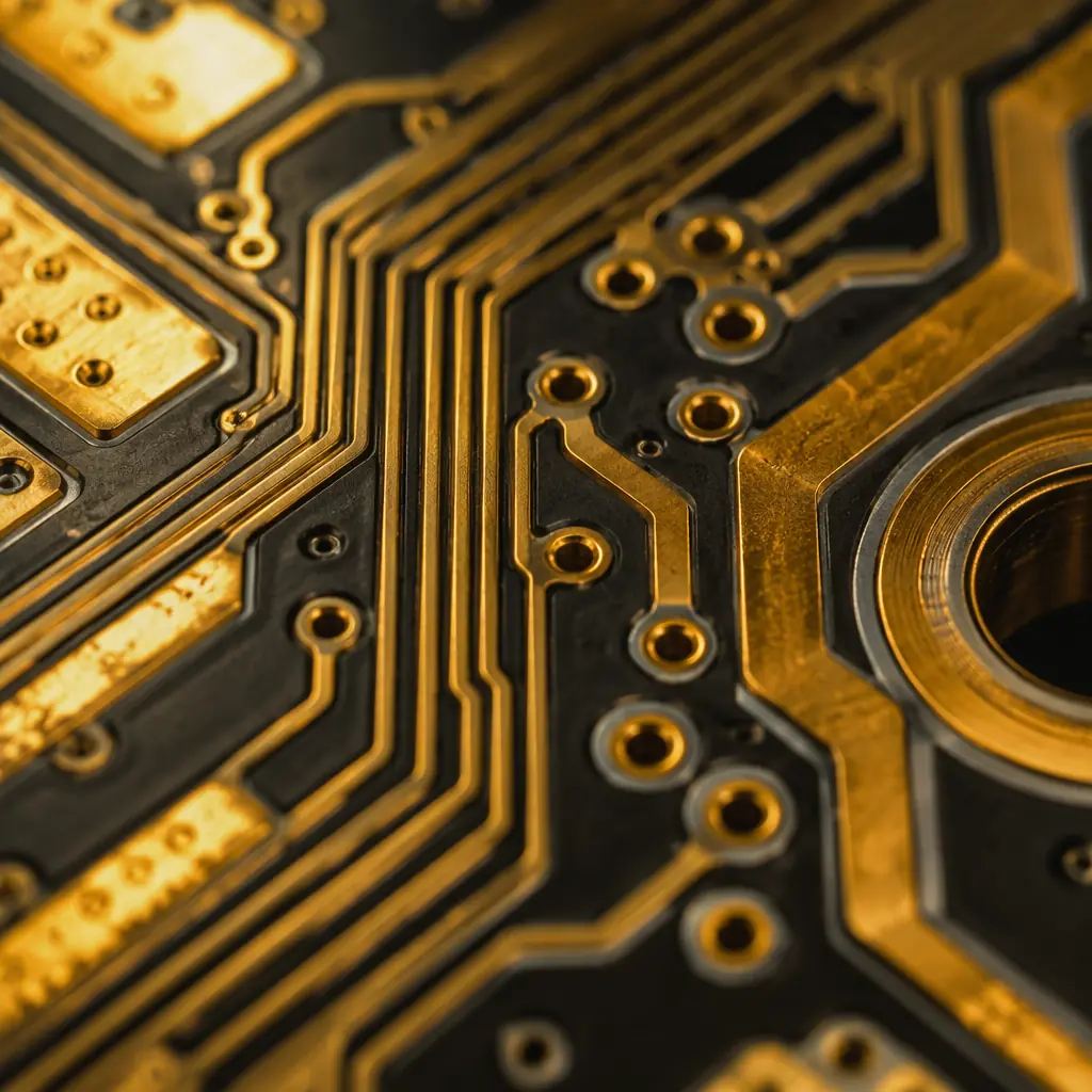 High-end audio PCB with gold-plated traces and precision analog components under studio lighting