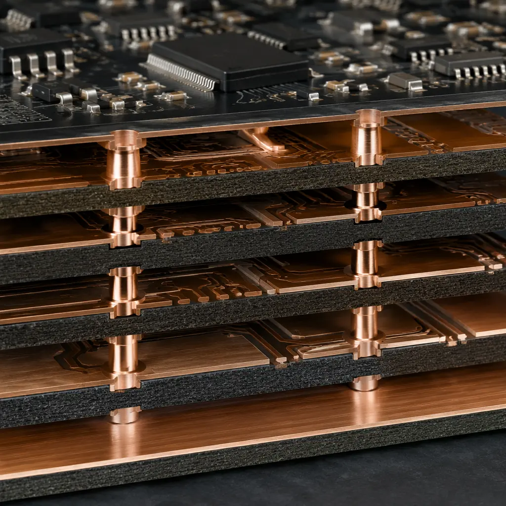 Multi-layer audio PCB cross-section showing ground plane isolation and star-ground topology