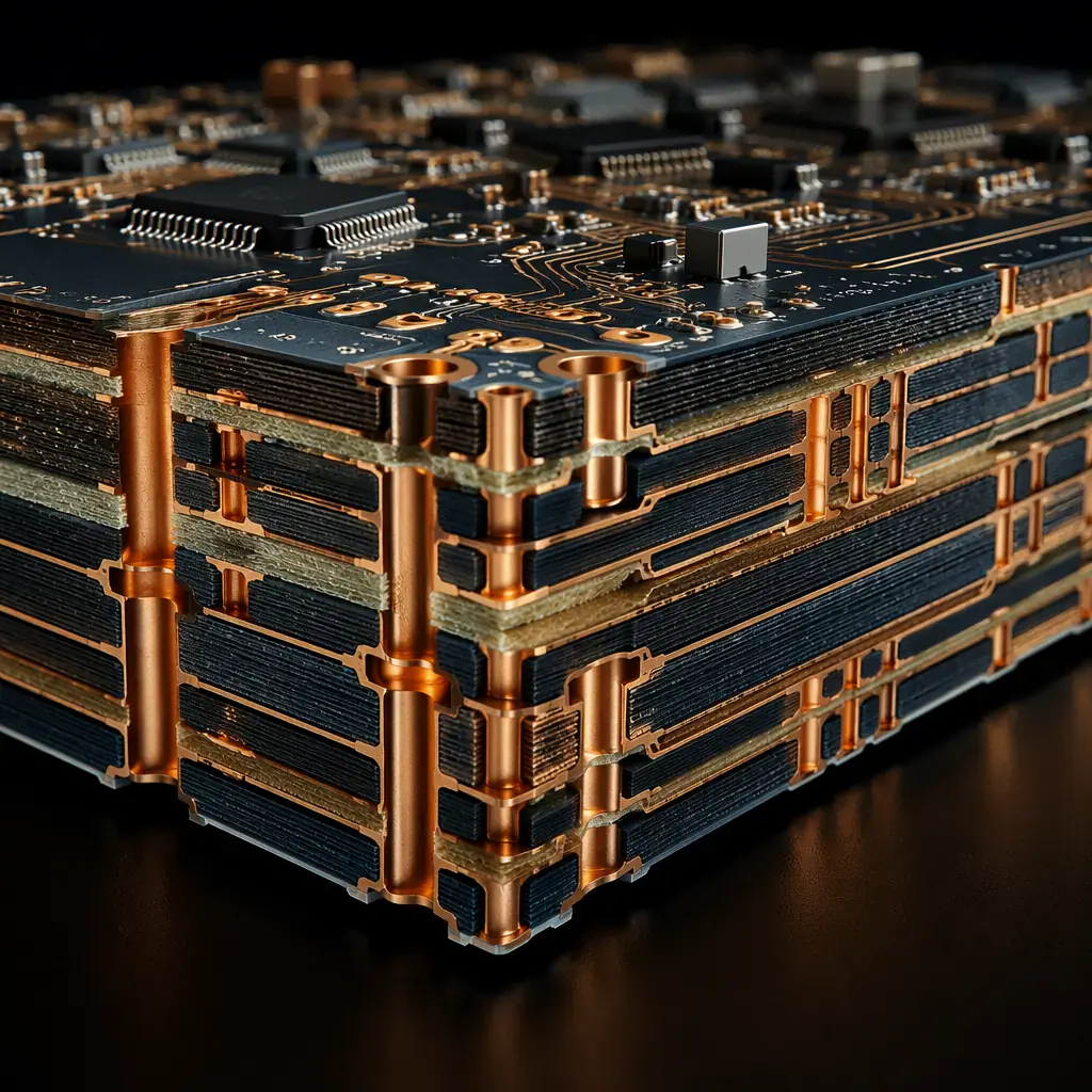 Automotive PCB cross-section showing multi-layer structure with thermal vias