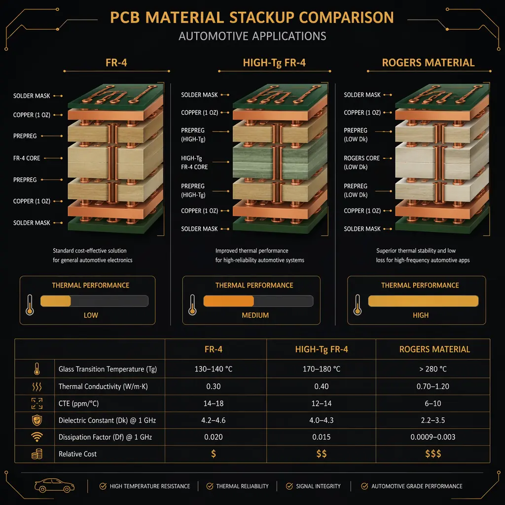 Automotive PCB material stack-up comparison: FR-4 vs High-Tg vs Rogers for different temperature zones