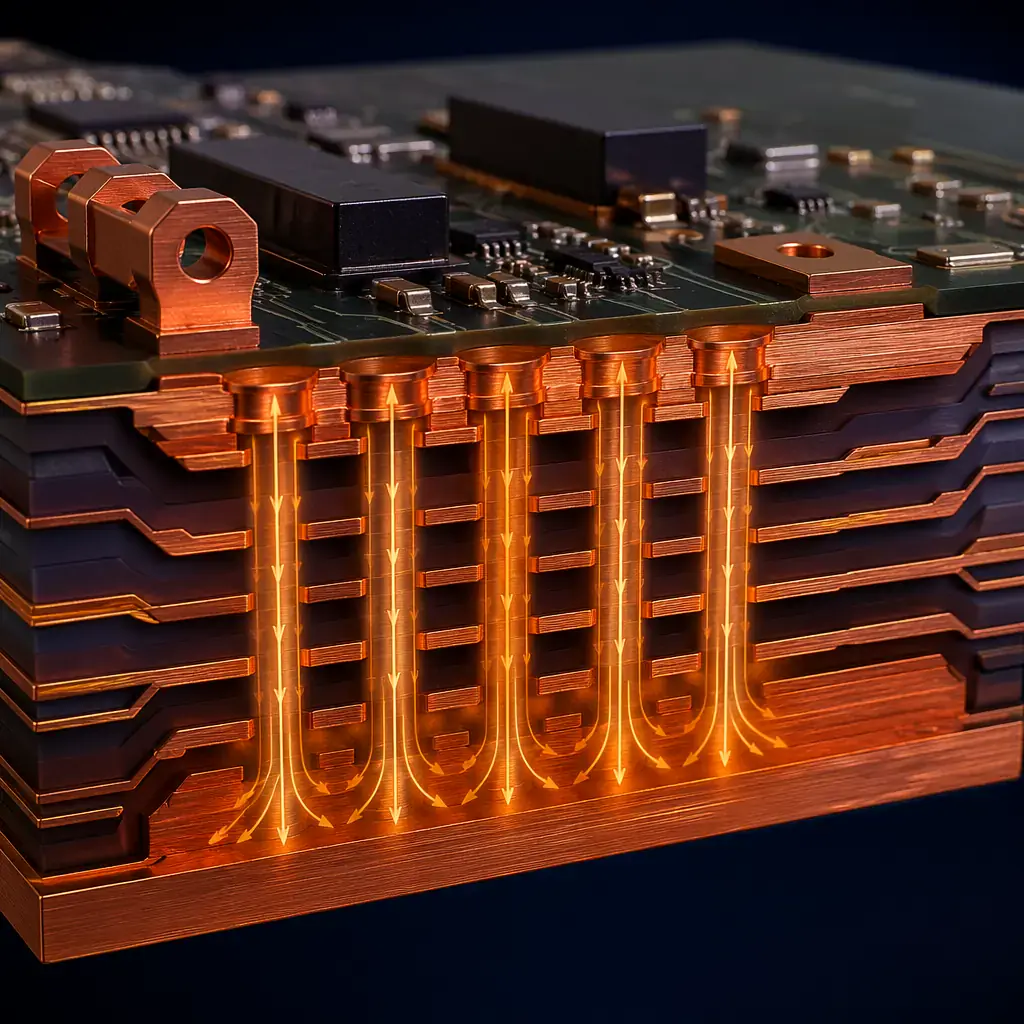 Cross-section of automotive power PCB showing heavy copper layers and thermal via array