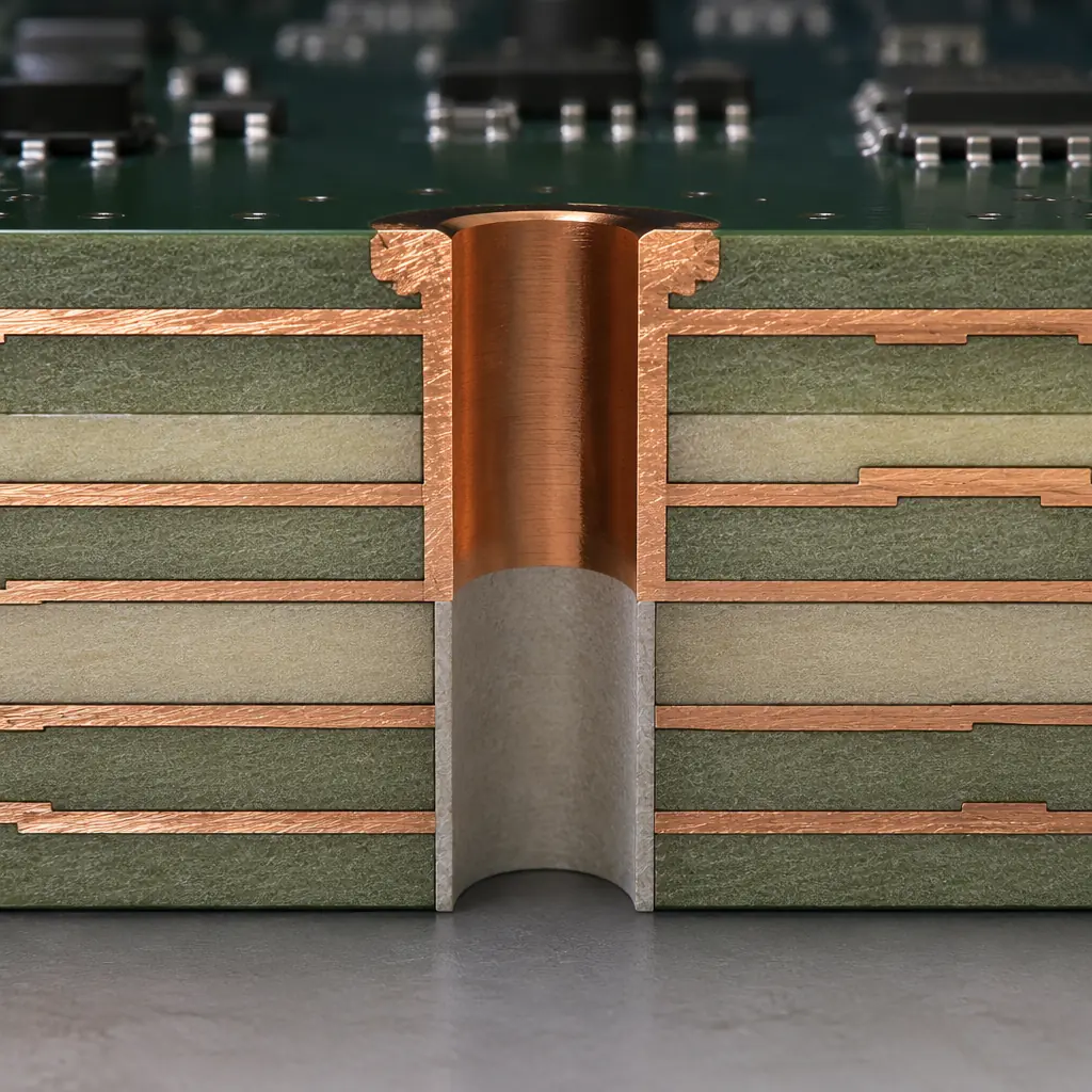 Photorealistic 3D cross-section render of a multi-layer PCB showing a via with back drilling removing the lower stub portion