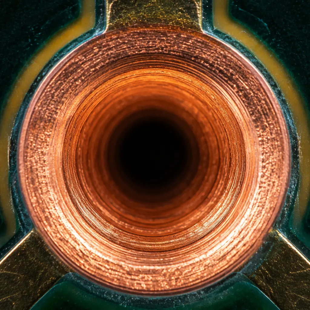 Macro close-up photograph of back-drilled PCB vias showing the drill entry from the opposite side with copper barrel partially removed