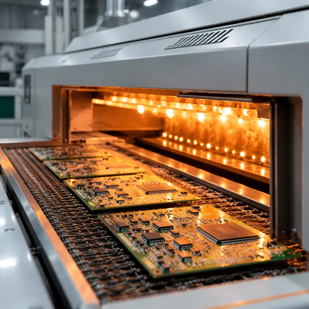 Industrial reflow soldering oven with PCBs passing through multi-zone heating tunnel