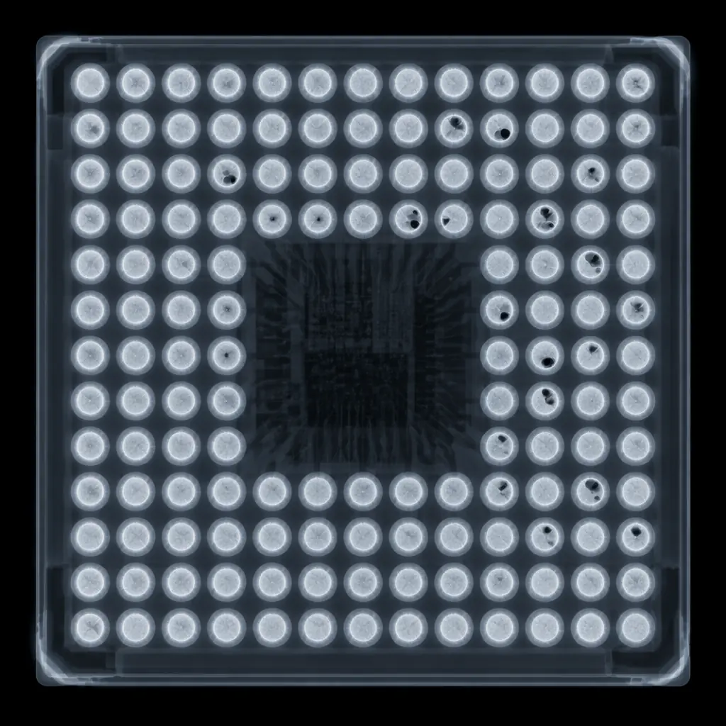 X-ray image showing BGA solder joint void analysis under chip package