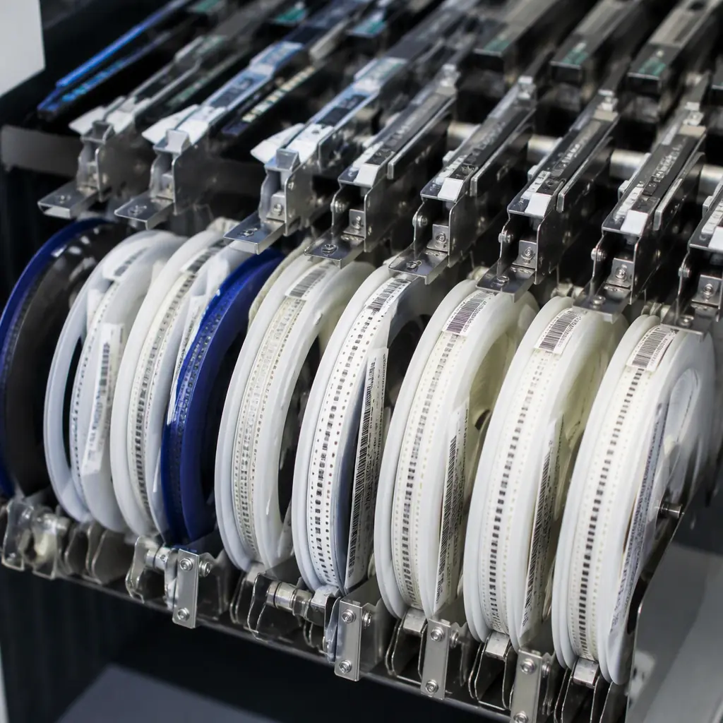 Close-up macro photograph of SMD component reels on feeder rack, showing various IC package types and passive component sizes