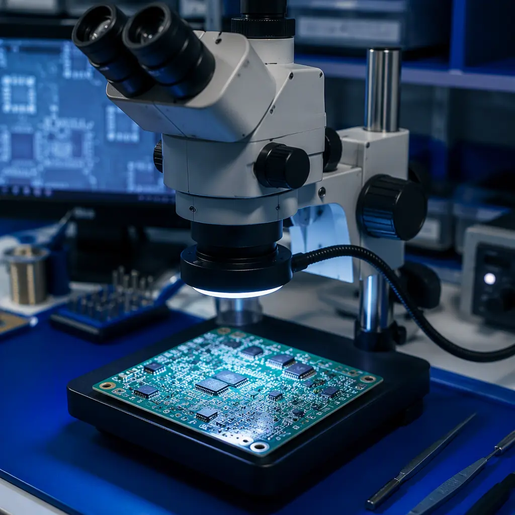 Laboratory microscope with PCB under inspection, component markings visible through eyepiece with anti-static mat below