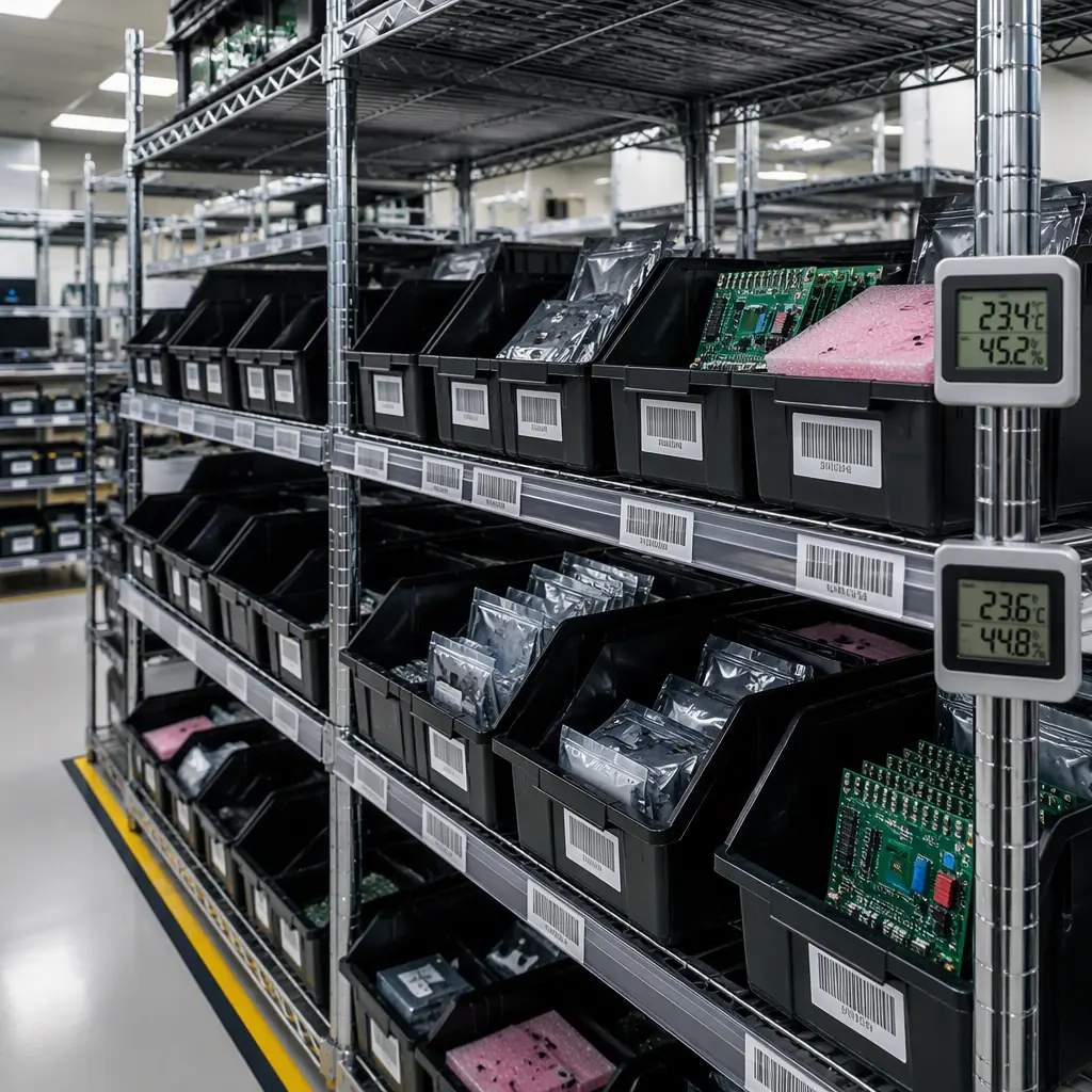Warehouse rack with organized anti-static bins containing electronic components, barcode labels visible on shelf edges