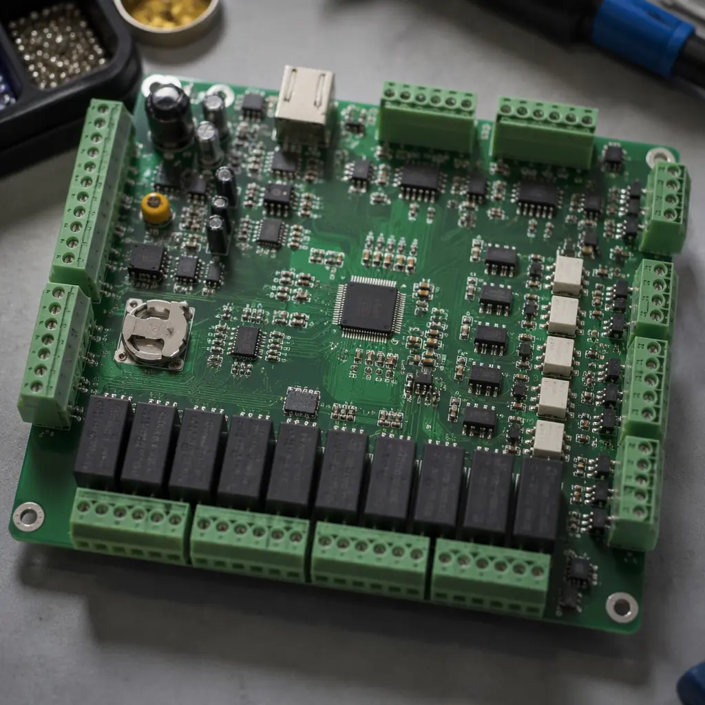 Building automation controller PCB with terminal blocks, RS-485 transceivers, and relay outputs