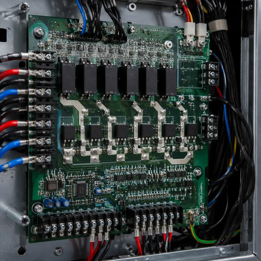 HVAC rooftop unit controller PCB with high-current relays and sensor interfaces