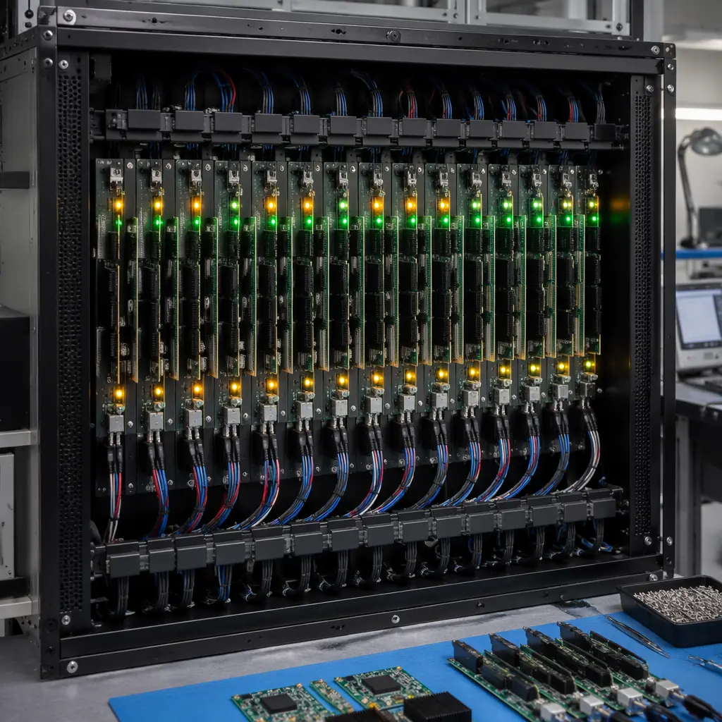 Rack of PCB assemblies with test cables and monitoring equipment in reliability testing laboratory
