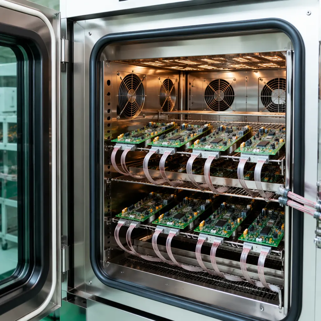 PCB assemblies inside environmental thermal chamber undergoing burn-in testing with monitoring cables connected