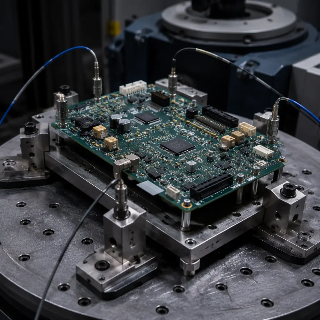 PCB assembly mounted on electrodynamic vibration shaker table for random vibration stress screening