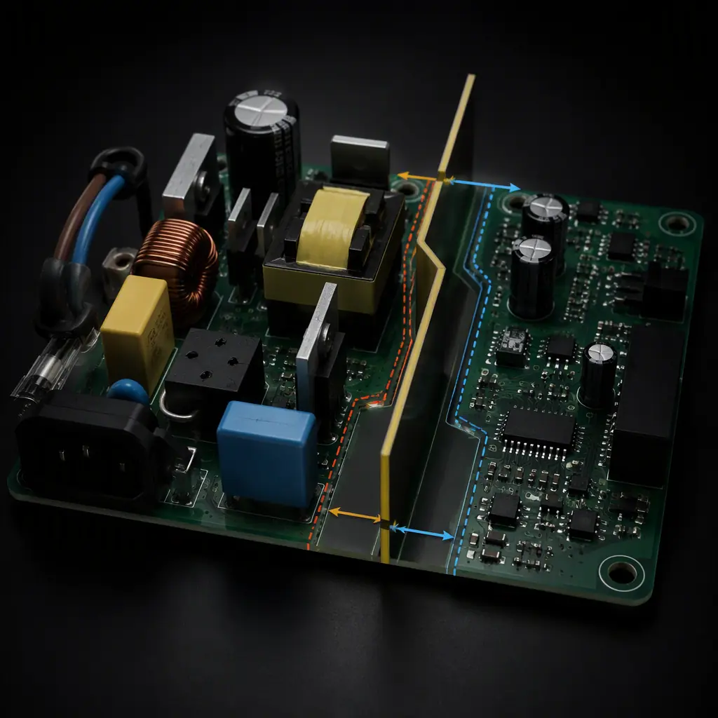 Mains power supply electronics on a PCB showing the isolation barrier, safety creepage and clearance distances between high-voltage and low-voltage sections