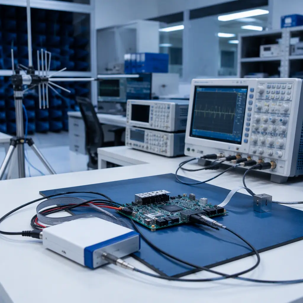A CE-marked electronic product on a test bench with an oscilloscope and EMC pre-compliance setup, in a clean engineering laboratory