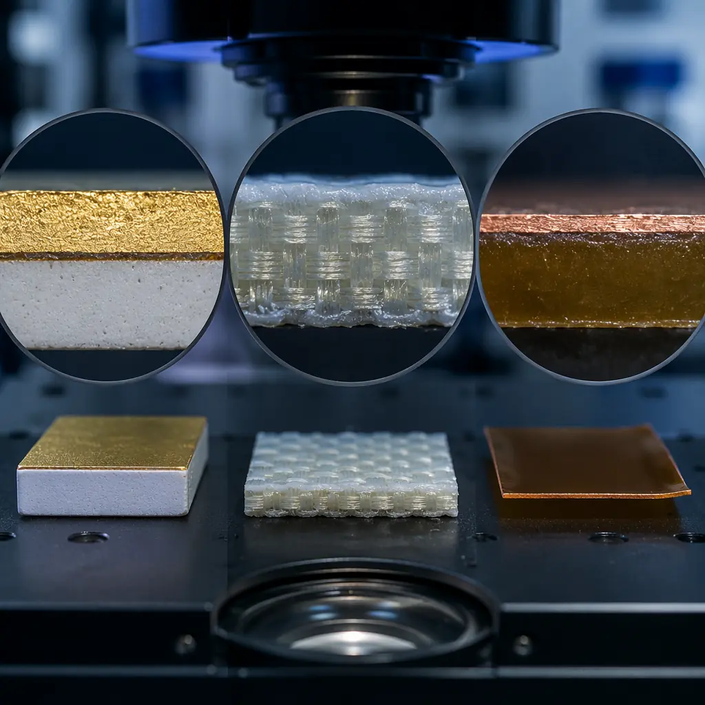 Macro photography of three substrate surfaces — white ceramic with thick-film gold conductors, tan PTFE laminate with copper traces, and amber polyimide flex circuit