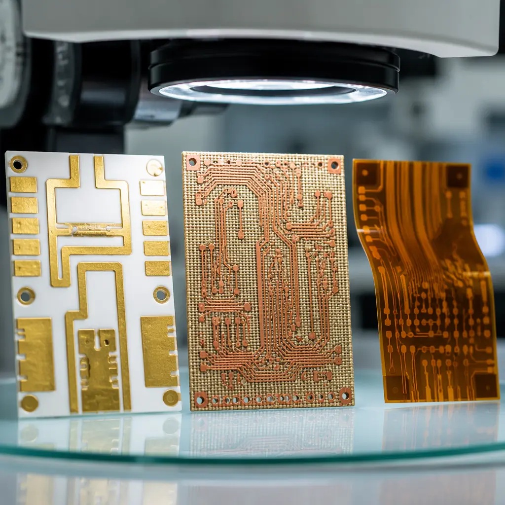 Three PCB substrates side by side — white ceramic, tan PTFE composite, and amber polyimide film — on a dark technical surface