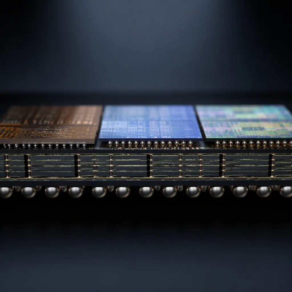 Photorealistic 3D cross-section render of a 2.5D interposer showing dies seated side by side on an ultra-fine-pitch substrate with microbumps