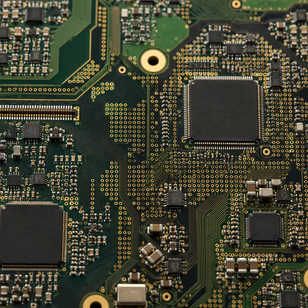 Macro photograph of a high-layer-count HDI board showing dense microvia routing and fine-pitch pads, the precision tier where advanced packaging and board capability meet