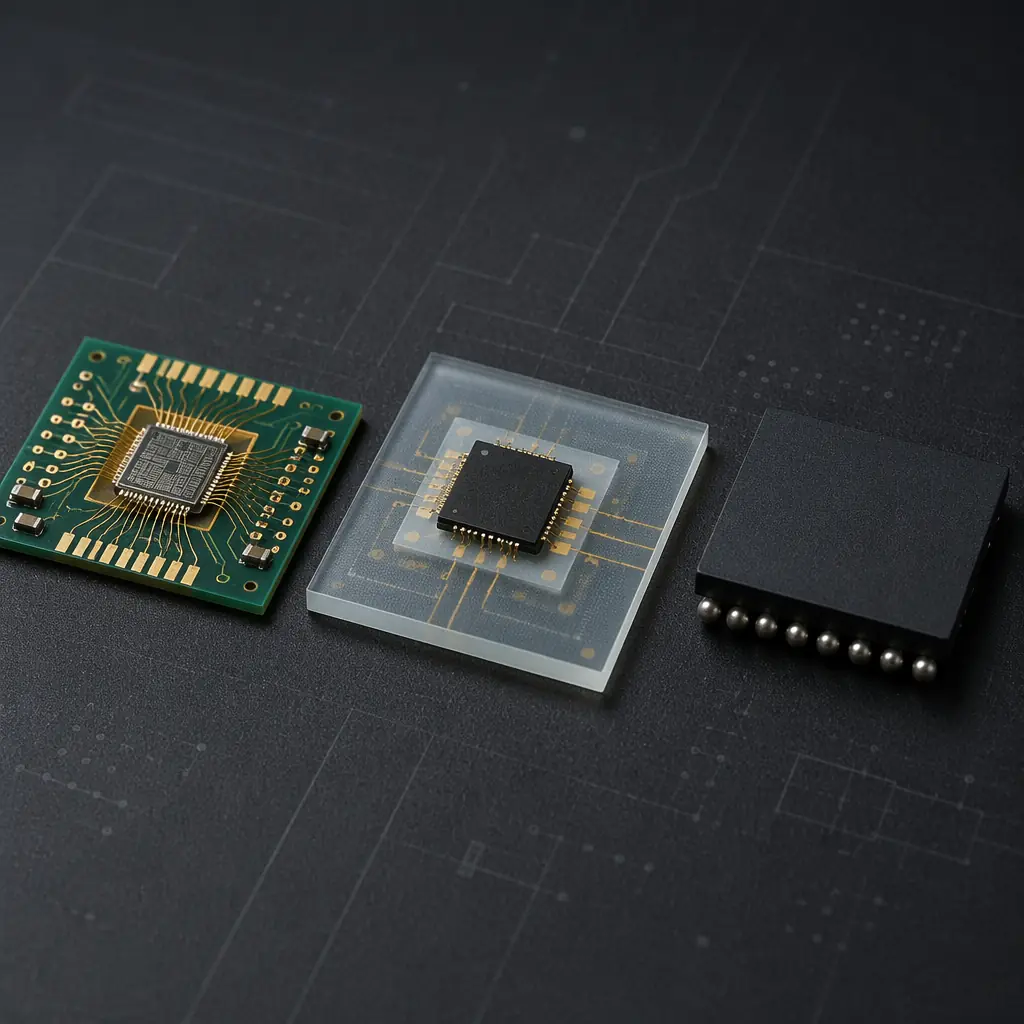 Side-by-side visual comparison of COB wire-bonded die, COG ACF-bonded driver IC on glass, and standard SMT BGA package on PCB