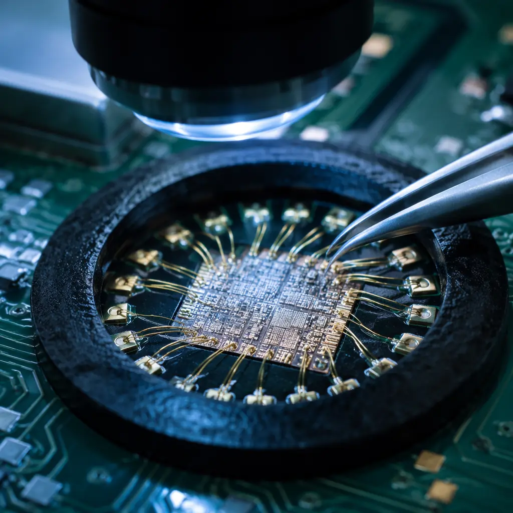 Close-up macro view of gold wire bonds on a chip-on-board assembly, semiconductor die attached to PCB substrate