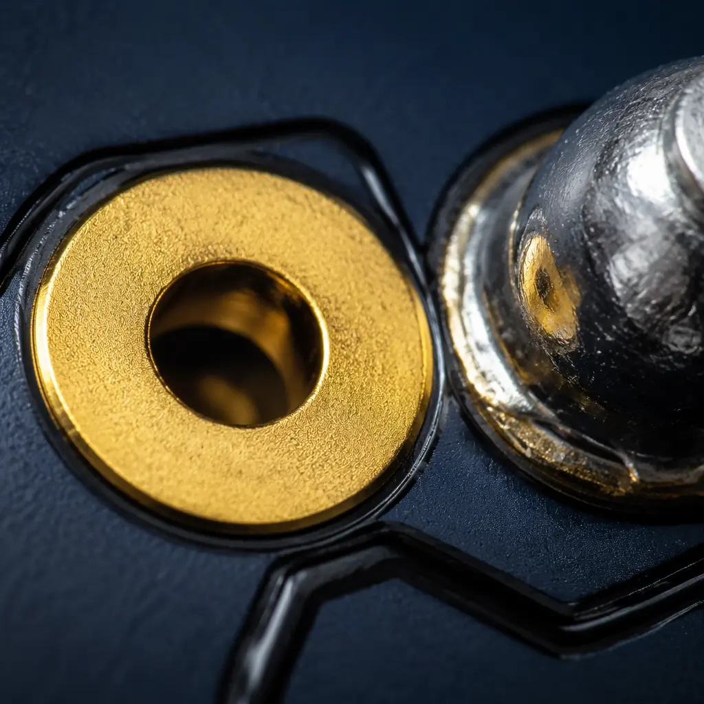 Close-up macro photograph of ENIG gold-plated PCB pads alongside tin solder joints on a dark circuit board surface — representing the 3TG metals in electronics