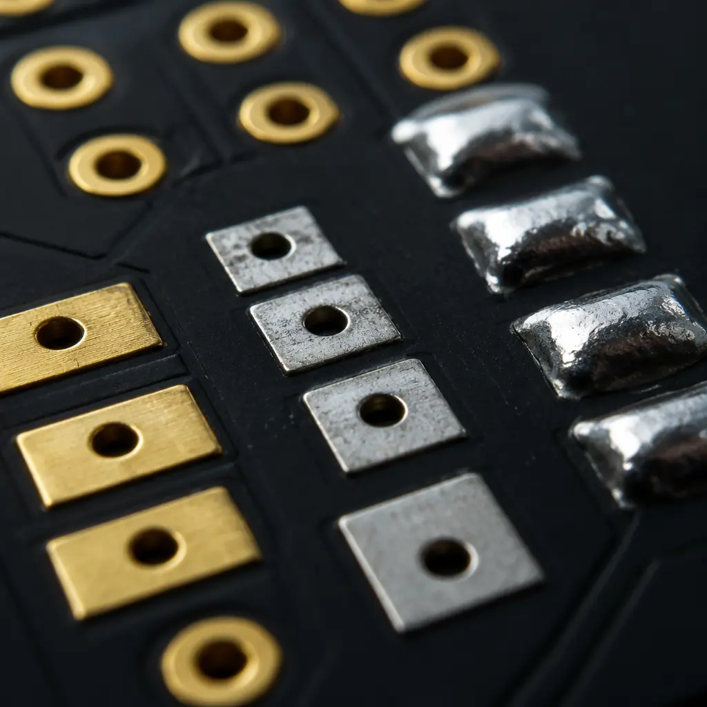 PCB with gold-plated contacts and tin solder joints on a dark surface — conflict minerals due diligence in electronics manufacturing