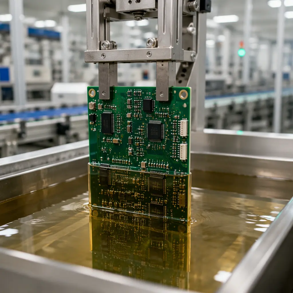 PCB assembly being dipped into conformal coating tank in manufacturing facility, showing uniform liquid coverage