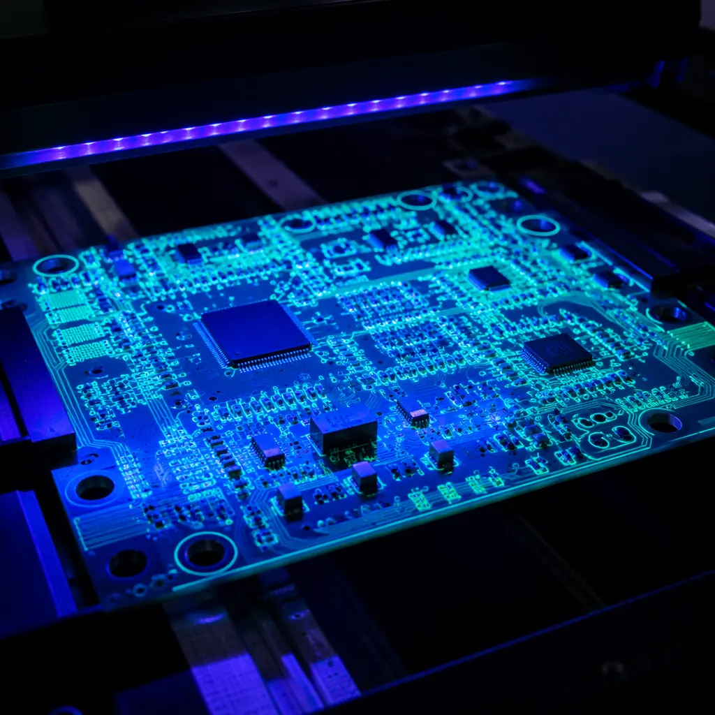 UV light inspection of conformal coated PCB revealing fluorescent coating coverage pattern, technician examining board under UV lamp
