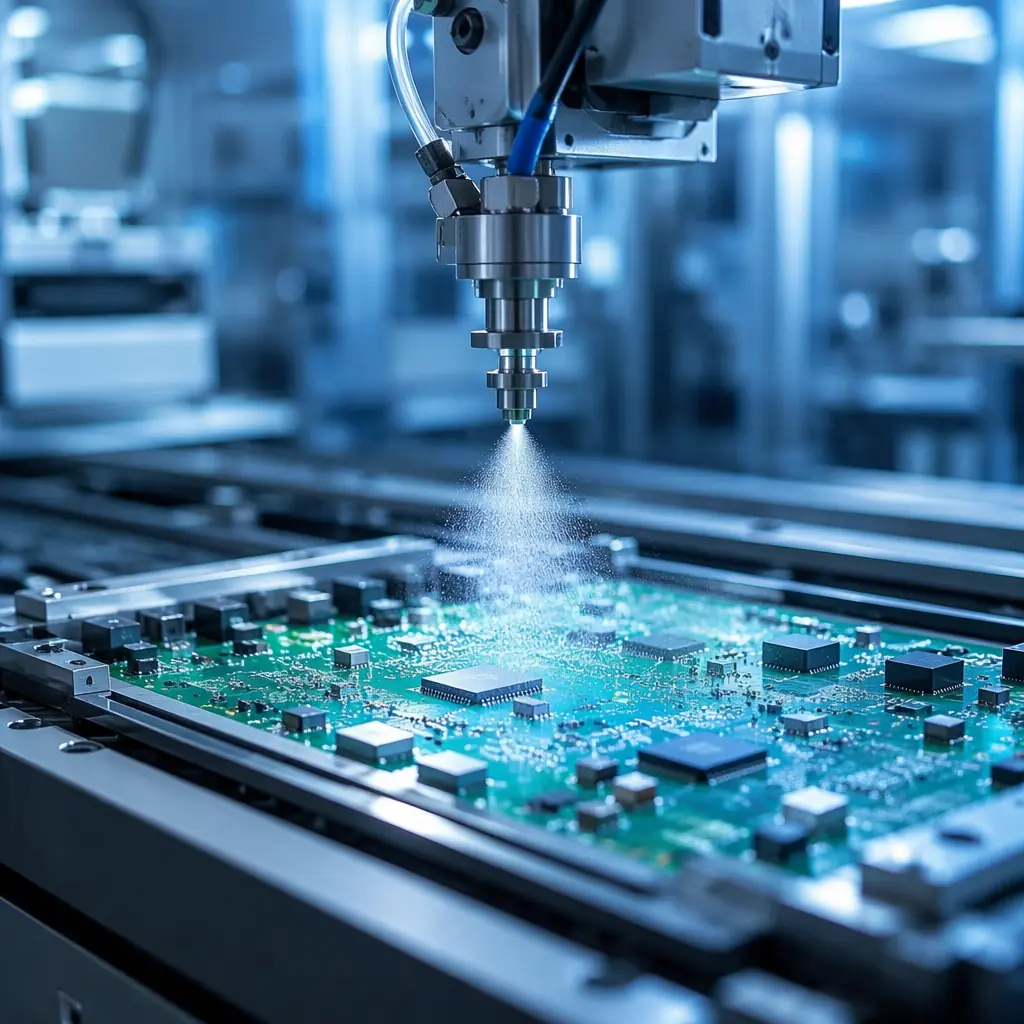 Automated selective conformal coating spray nozzle applying protective film to PCB assembly in electronics factory