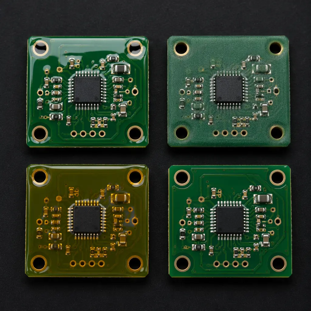 Four PCB test coupons with different conformal coating finishes — acrylic glossy, silicone rubber-like, urethane matte, and parylene transparent — side by side on dark surface