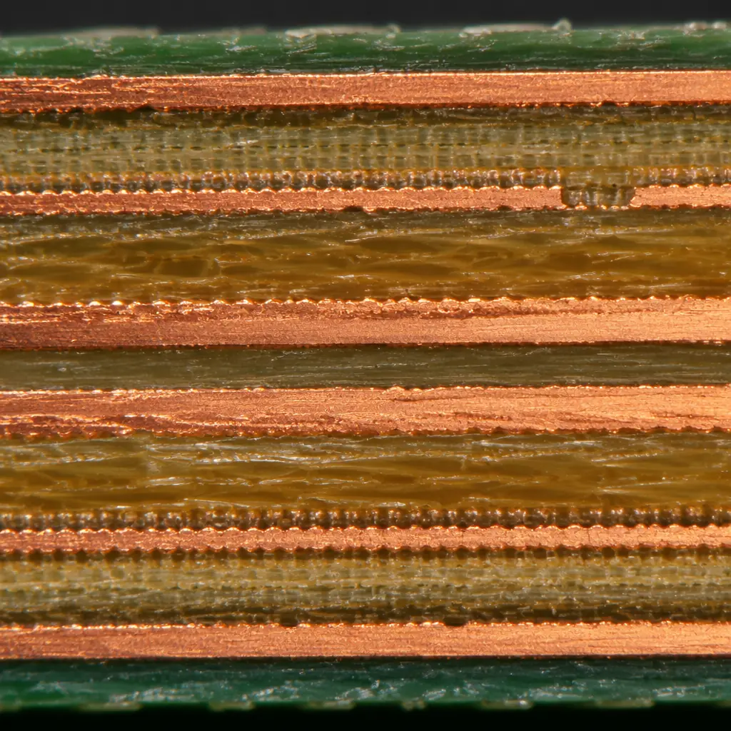 Photorealistic 3D cross-section of multi-layer PCB showing different copper thicknesses on different layers