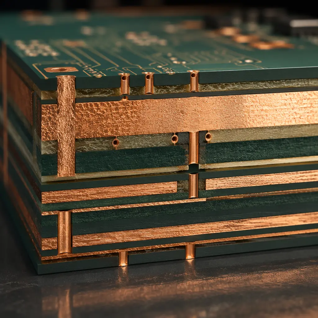 PCB copper layers with visibly different thicknesses under macro photography, showing 1oz to 6oz contrast