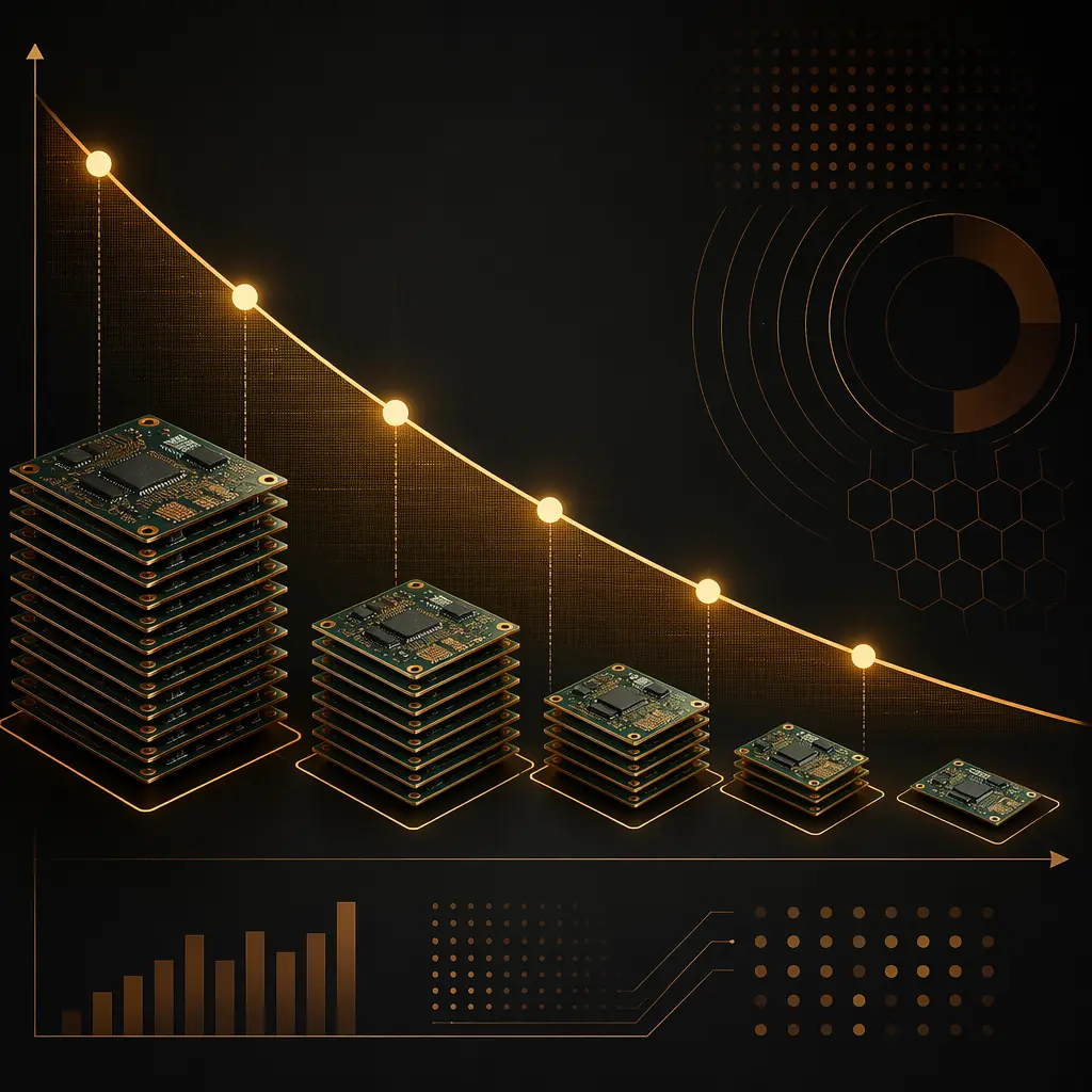 PCB per-unit cost curve showing diminishing returns beyond 500 pieces for a 4-layer board