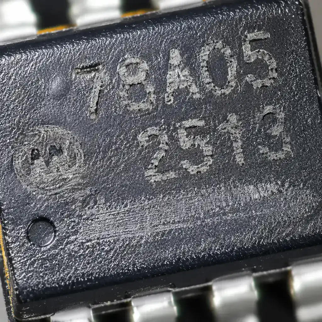 Close-up macro photograph of electronic IC chips with laser-etched markings on black package surface, semiconductor components on inspection tray under bright ring light